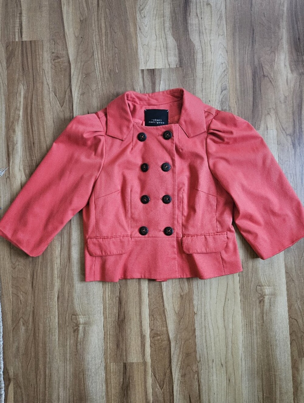 Robert Rodriguez Redish Orange Double Breasted Cropped Jacket With Puff Sleeve